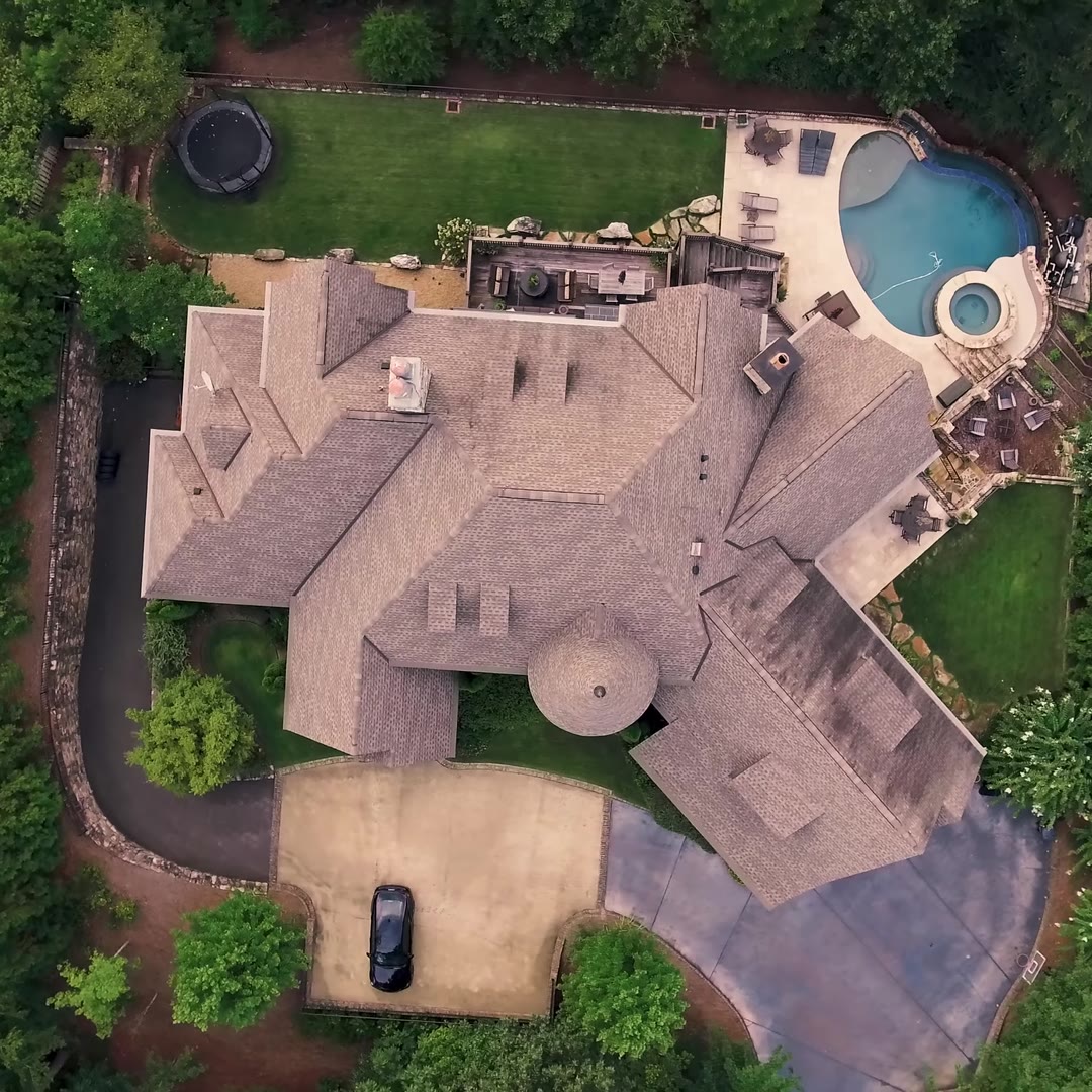 Aerial view of a completed residential roof